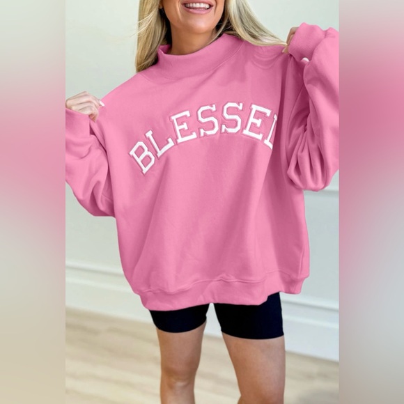 Tops - 😇NWOT Purchased From @elizajoy17 "Blessed Sweatshirt" Pink🩷 w/ White Font🤍 XL